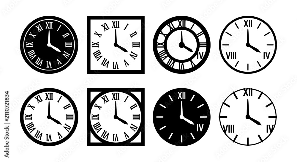 Fototapeta premium Set of 8 Clock Icons, Roman Numeral Timepieces, Round and Square Designs, Black and White Graphics