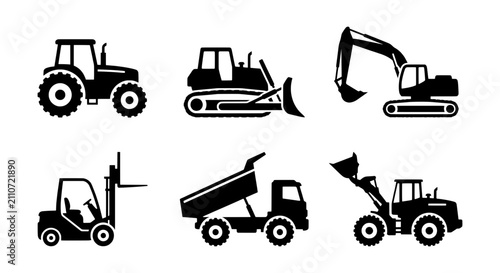 Schilderij op canvas Construction Vehicle Icons Set: Tractor, Excavator, Bulldozer, Forklift, Tipper