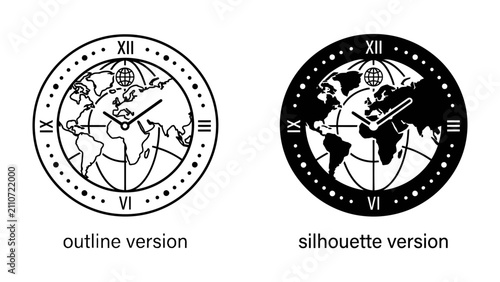 Konstfotografi World Clock Icon Set: Two stylized world globes serve as clock faces, featuring Roman numerals and clock hands, presented in both outline and silhouette versions for versatile design applications