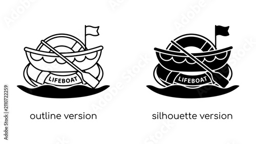 Quadro su tela Lifeboat Icons: Two distinct lifeboat graphics, one an outline and the other a silhouette, depict a boat equipped with oars and a life preserver, ready for maritime rescue