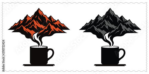 Creative coffee mug illustration with mountain range steam design