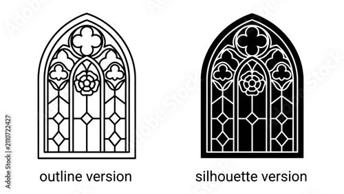 фотографія Gothic Window Designs: Two stylized representations of a Gothic arched window, one in outline and the other as a silhouette