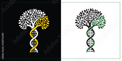 Dna tree logo design with double helix structure and leaf foliage for science and nature concept