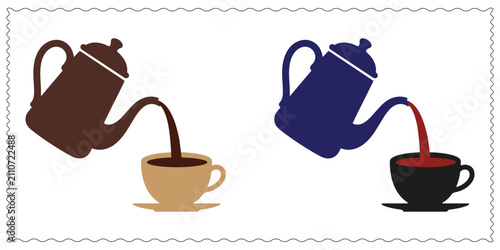 Two teapots pouring hot tea or coffee into ceramic cups set of simple flat vector illustrations
