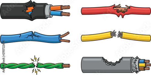 Schilderij op canvas Damaged Electrical Cable Vector Icon Set Featuring Broken Wires, Short Circuit S