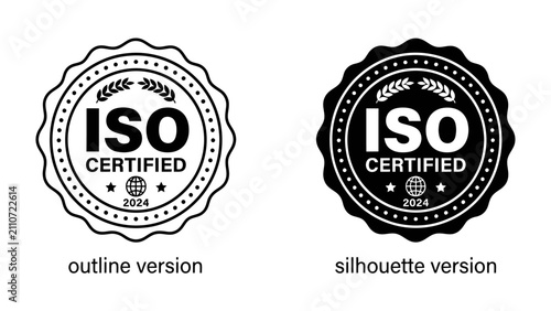 ISO Certified Seals: A pair of circular seals indicating ISO certification, one in an outline version and the other as a silhouette, representing quality standards and official approval.