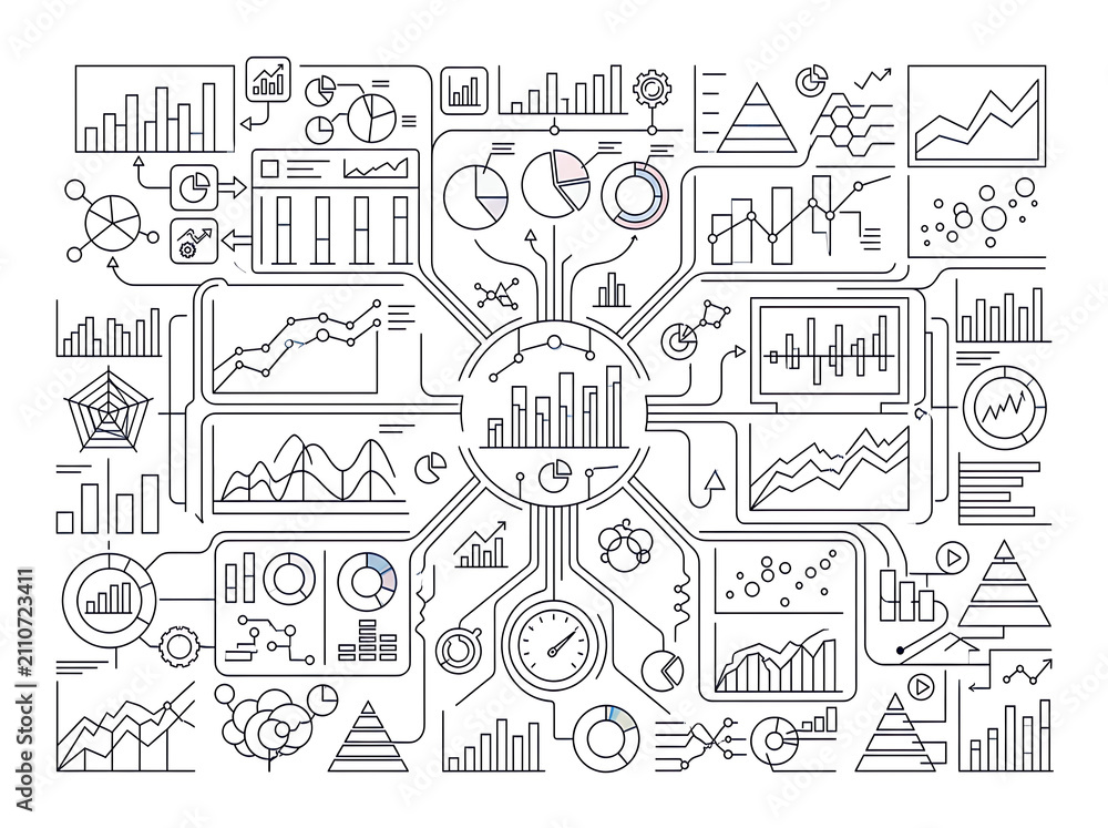 Fototapeta premium Abstract Data Visualization and Infographic Elements Arrangement Featuring Charts Graphs and Statistics on White Background Artistic Representation of Information Flow and Analysis