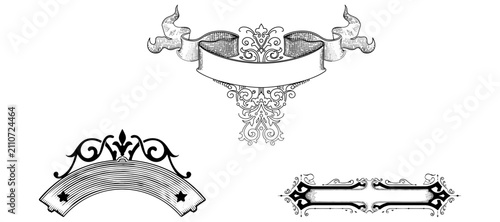 Vintage ribbon banner set with hand drawn scroll elements for decorative design