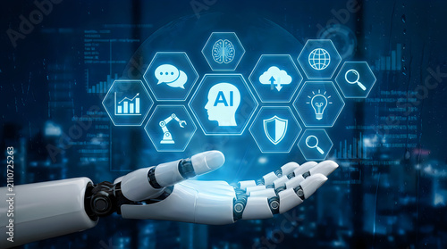 Robotic hand holding glowing AI icon surrounded by other technology related symbols, depicting artificial intelligence concept.