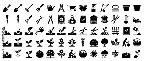 Canvas Print Gardening Tools and Plant Growth Icons Set