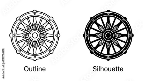 Cuadro en lienzo Dharmachakra Outline and Silhouette: Two stylized depictions of the Dharmachakra, also known as the Wheel of Dharma, presented side-by-side as an outline and a silhouette
