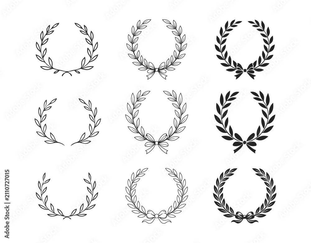 Fototapeta premium Minimalist circular leaf frame collection with line art and silhouette wreaths for organic logo design