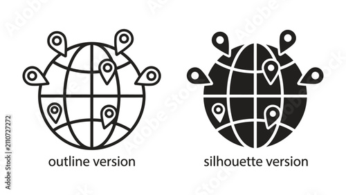 Location Icons on Globe: A set of location pin icons encircling a stylized globe, presented in both outline and silhouette versions, symbolizing global reach and mapping services.