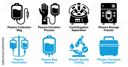 Cuadro en lienzo Set of medical plasma collection donation and processing icons including storage and transfusion equipment Minimal solid fill icon set bundle collection