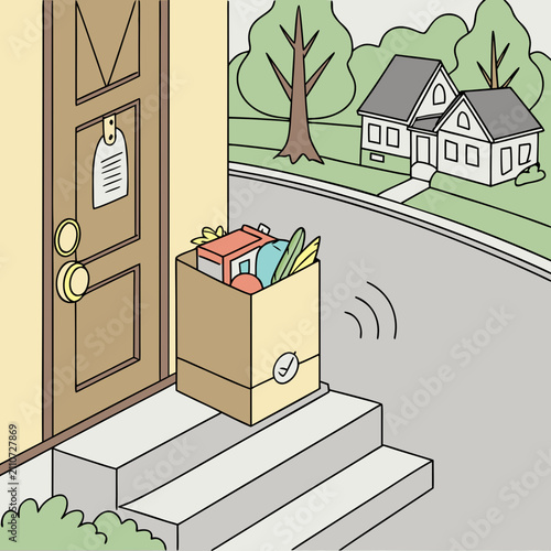 Illustration of a delivery box with groceries and a note on the door front door grocery delivery door handle door knocker door mat door hinge door lock door knob door plate door post