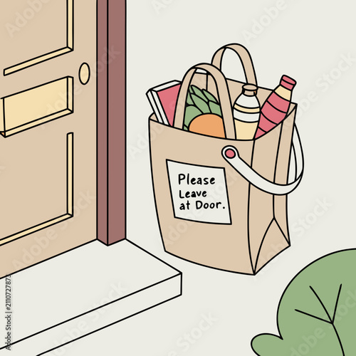 Illustration of a bag with groceries and a note on the door front door grocery delivery door handle door knocker door mat door hinge door lock door knob door plate door post door sill