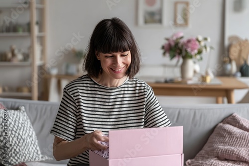 Happy Woman Unboxing Online Shopping Delivery at Home