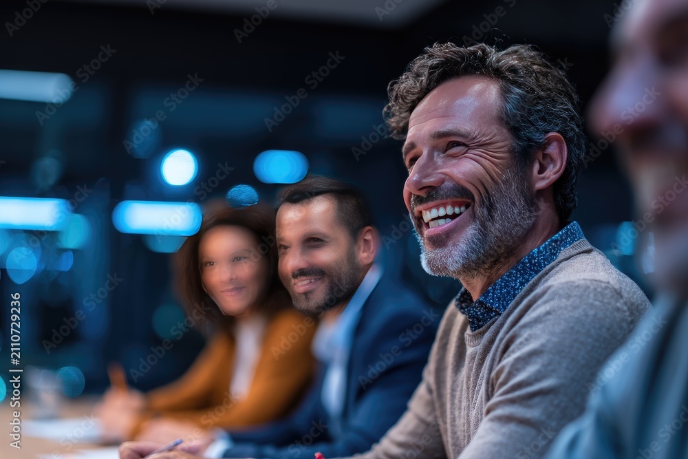 Fototapeta premium Happy Business People Laughing During a Meeting in a Modern Conference Room