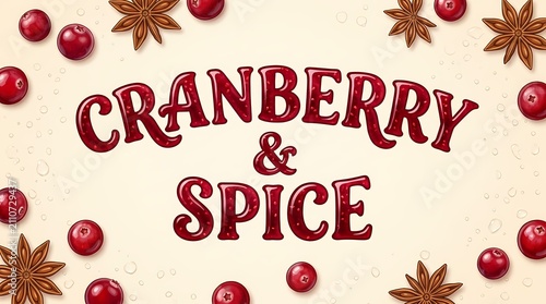 Cranberry and Spice typography is arranged in a circular frame of fresh red berries and aromatic star anise seeds on a light parchment backdrop.