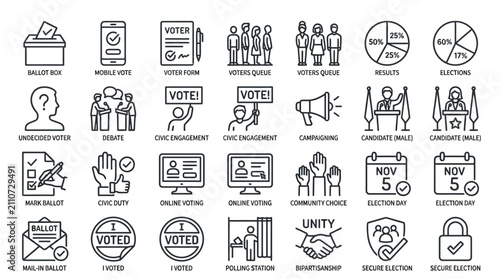 Collection of icons representing voting, elections, and civic engagement