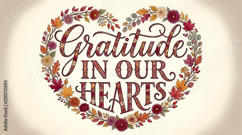 Heart shape frames the words gratitude in our hearts surrounded by a colorful array of autumn leaves.