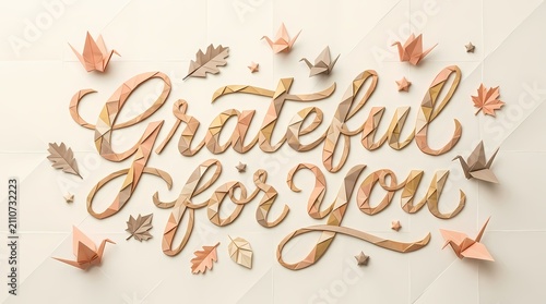 Grateful for you calligraphy is surrounded by paper origami cranes and falling autumn leaves.