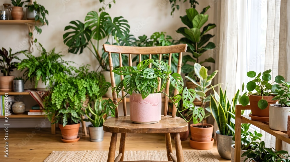 Fototapeta premium Cozy home interior filled with various green houseplants and a rustic wooden chair in a sunny room