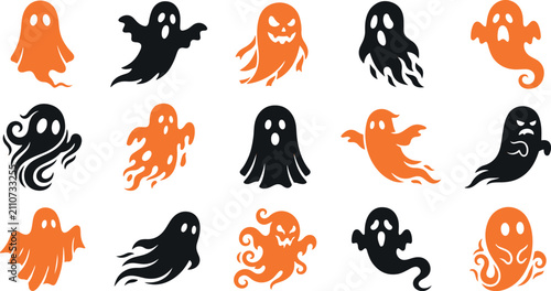 Fényképezés Halloween ghost icons in orange and black