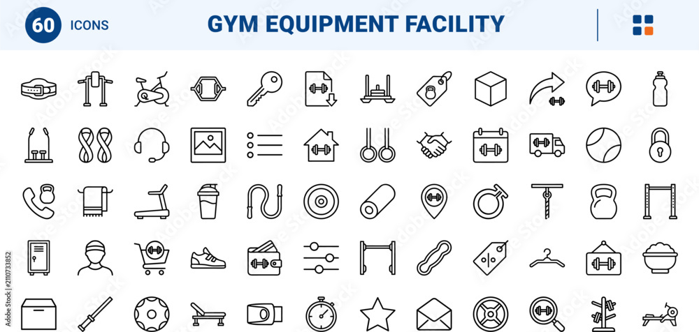 Fototapeta premium Weightlifting Gym Website Icons line icon set. Vector pictograms of fitness, equipment, training, and facility elements, thin linear illustration.