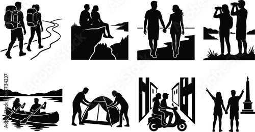 Romantic adventure couple travel silhouette vector icons set for summer tourism and outdoor camping lifestyle designs