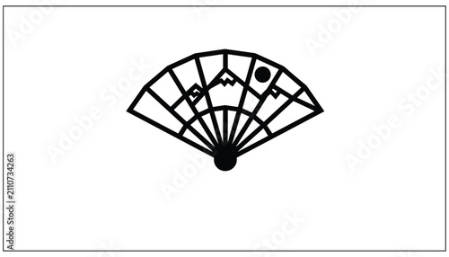 Traditional oriental folding fan icon displaying a simple landscape of mountains and the rising sun in clean black lines.