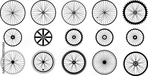 Fotografi Bicycle wheel and gear icon set vector illustration featuring various bike spoke