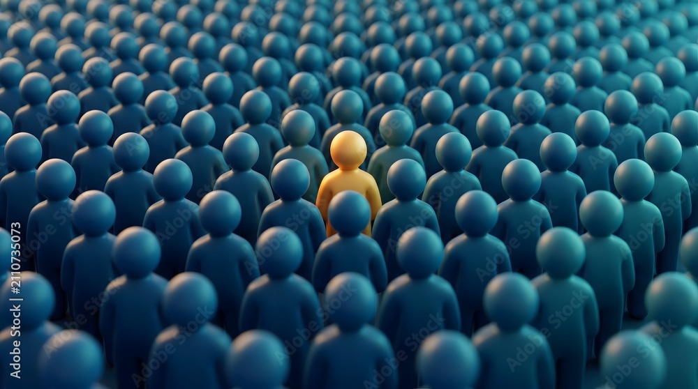 Obraz premium Concept of Individuality and Uniqueness with Yellow Figure Standing Out in a Blue Crowd