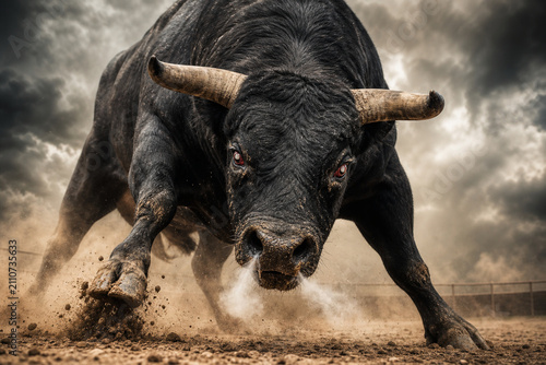 Quadro su tela Furious bull lowering head, pawing dusty ground, nostrils flaring