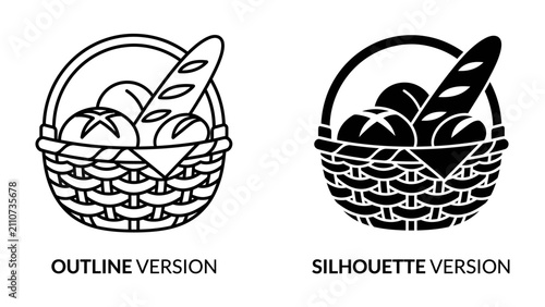Bakery Basket Icon: A stylish depiction of a woven basket filled with a variety of baked goods, including a baguette and round loaves.