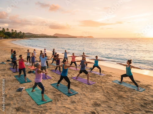 Group of people practicing yoga on a sandy beach at sunset with ocean waves in the background.