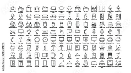 Fotografía Set of 100 Black Line Office Furniture and Item Vector Icons isolated PNG with T