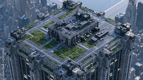 A futuristic cityscape with a large, imposing building with a green roof and a central courtyard with grass and a fountain.