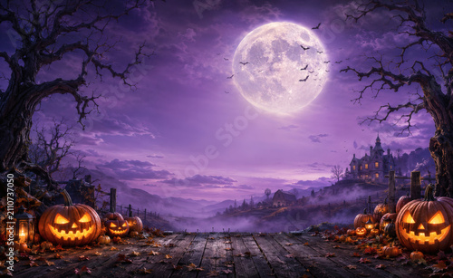 Spooky Halloween Nightscape: A hauntingly beautiful scene unfolds under a luminous full moon on Halloween night.
