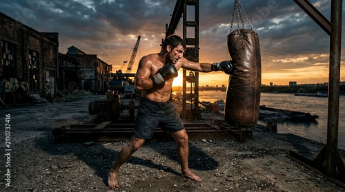 Muscular Man Boxing Training with Punching Bag Outdoors at Sunset.