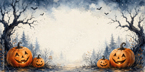 Spooky Halloween Night: A mystical forest scene comes alive with carved jack-o'-lanterns grinning under a starry sky.