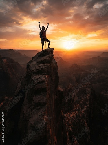 Silhouette of a hiker celebrating on a mountain peak at sunset.
