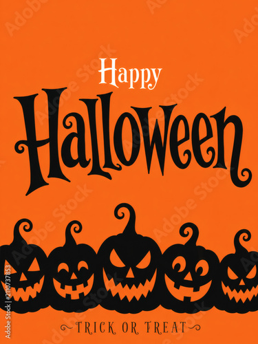 Happy Halloween Greeting: A festive Halloween design featuring carved pumpkins and the words Happy Halloween and Trick or Treat on an orange background, perfect for seasonal greetings.