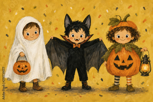 Spooky Trio: Three adorable children dressed in Halloween costumes—a ghost, a vampire bat, and a pumpkin—stand together holding candy buckets and lanterns, ready for trick-or-treating fun.