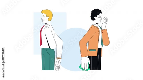 Giving bribe 2D animation. Corporate corruption. Illegal payment. Two businessmen secretly exchanging cash behind backs animated characters cartoon flat concept metaphor 4K video on transparent