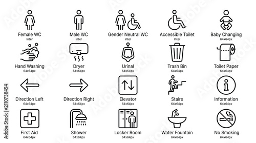 Comprehensive collection of thin line wayfinding and restroom icons for public facility signage including toilets accessibility markers and navigation directions.