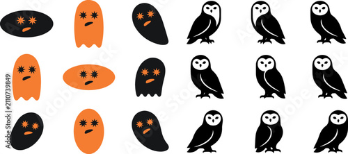 Картината върху платно Halloween ghosts and owls in orange and black