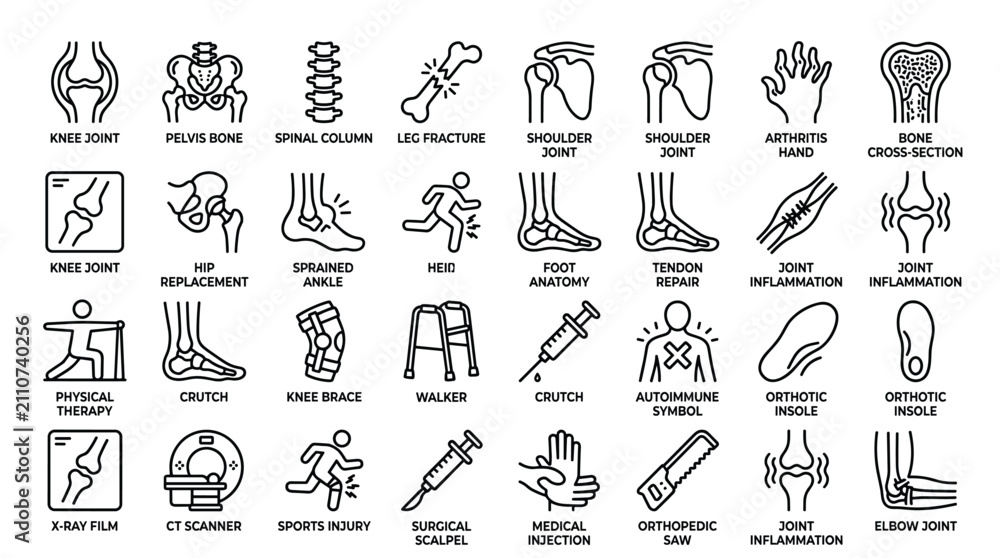 Fototapeta premium Orthopedic and medical skeletal health icon set illustrating bones joints injuries treatment tools diagnostic equipment and physical therapy rehabilitation therapy.