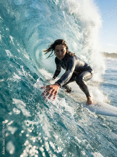 Woman Surfing Inside a Barrel Wave.