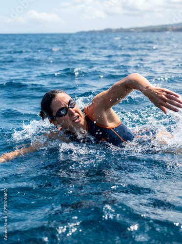 Woman Swimming Freestlye in Open Ocean Water.